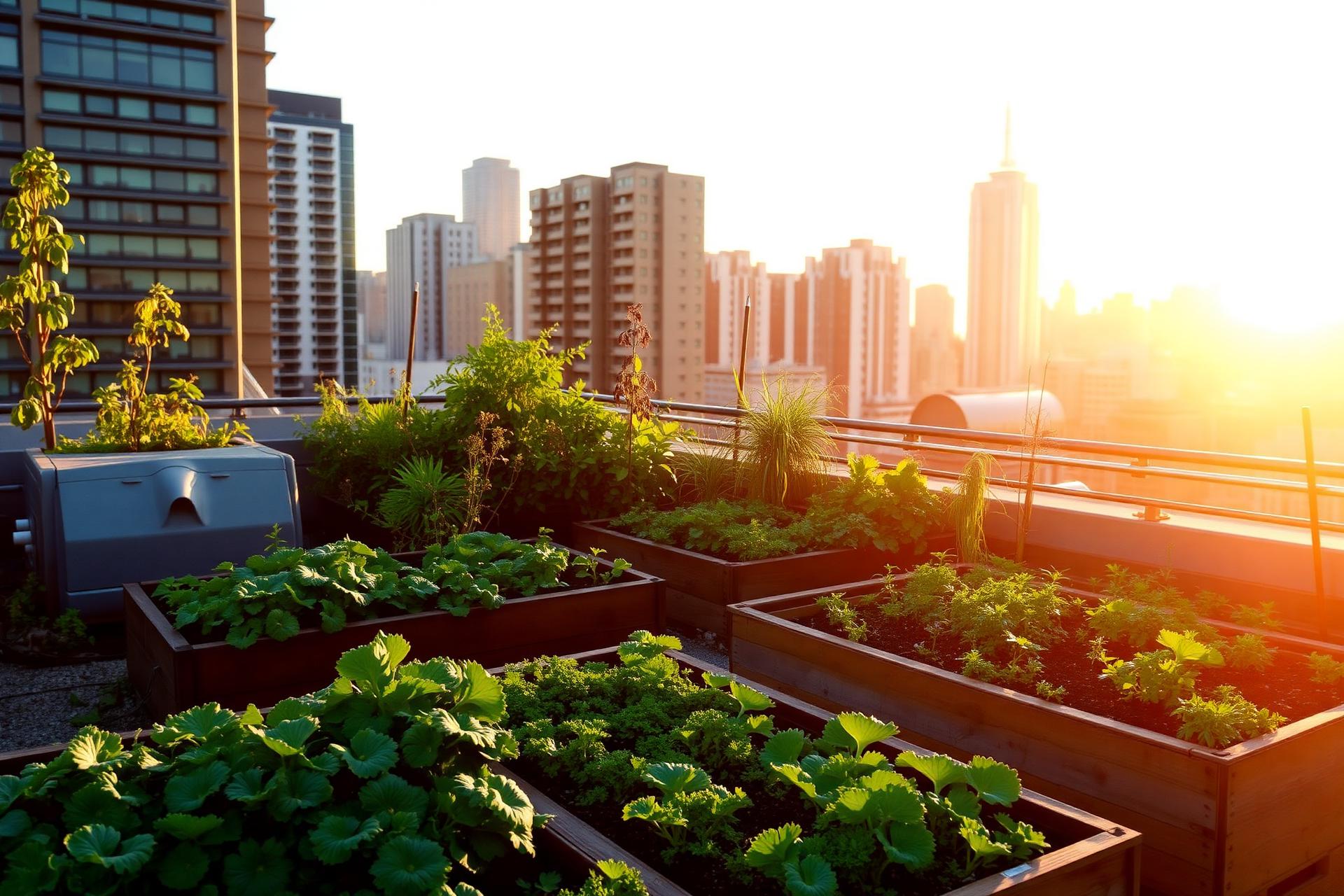 Rooftop garden at golden hour